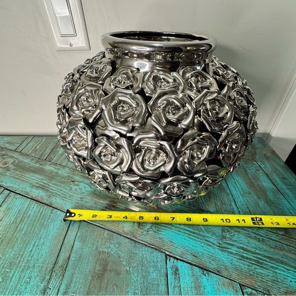 Kare Vase Rose Multi Chrome Silver Rose Embossed Vase | Glam Modern Home Decor - Picture 8 of 10